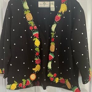 Black Cardigan with Colorful Fruit Embroidery